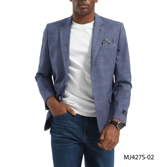 Blue Textured Windowpane Notch Lapel Slim Fit Tazzio Men's Jacket - Picture 4 of 4
